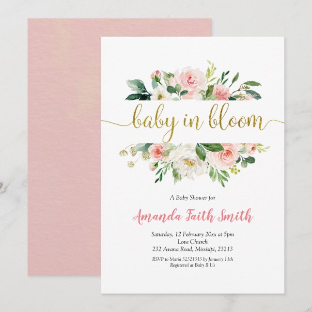 Invitation Bébé rose rose pâle dans le Baby shower fleuri (Devant / Derrière)