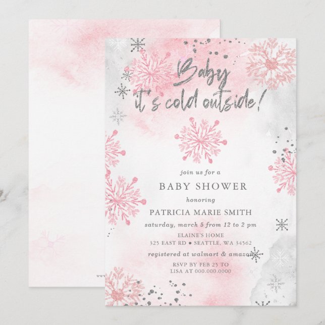 Invitation Bébé rose son Baby shower d'hiver froid à l'extéri (Devant / Derrière)