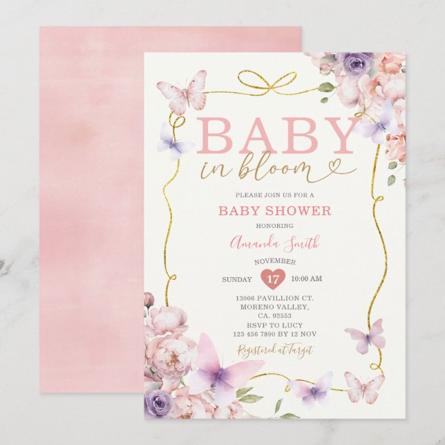 Invitation Bébé rose violet en fleur Baby shower fille Bow (Devant / Derrière)