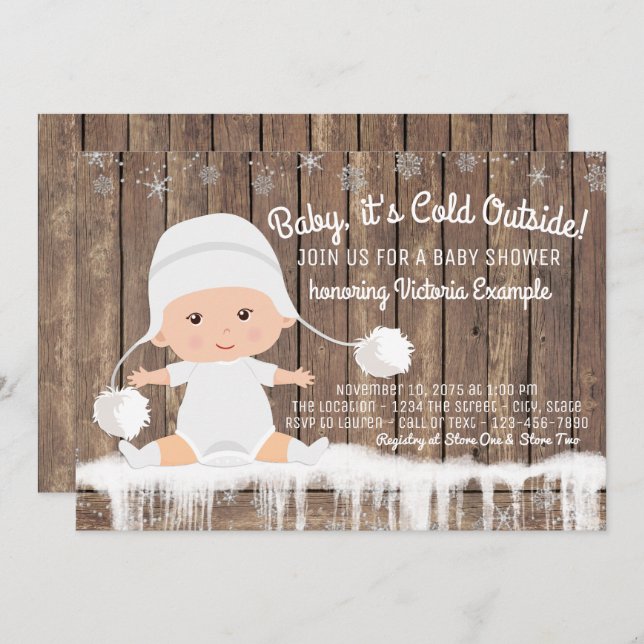 Invitation Bébé rustique de flocon de neige, son Baby shower  (Devant / Derrière)