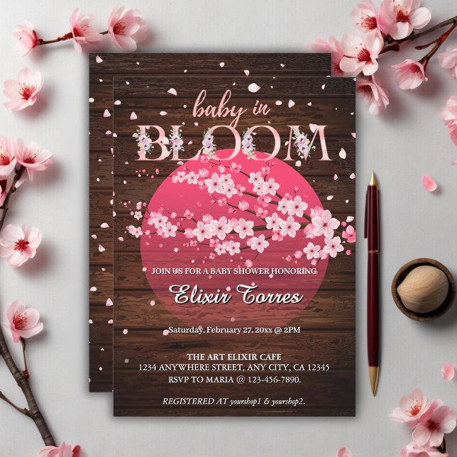 Invitation Bébé rustique en fleur Sakura cerise en fleurs (Créateur téléchargé)