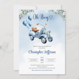 Invitation Bébé scooter ballon eucalyptus garçon Baby shower