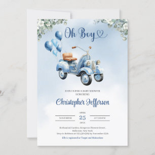 Invitation Bébé scooter ballon eucalyptus garçon Baby shower