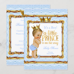 Invitation Bébé Shower Prince Bleu Clair Or Blanc Blonde