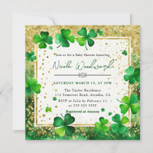 Invitation Bébé Shower Saint Patrick Vert aquarelle et Or