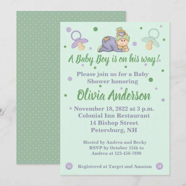 Invitation Bébé Snuggle - Baby shower vert & violet (Devant / Derrière)