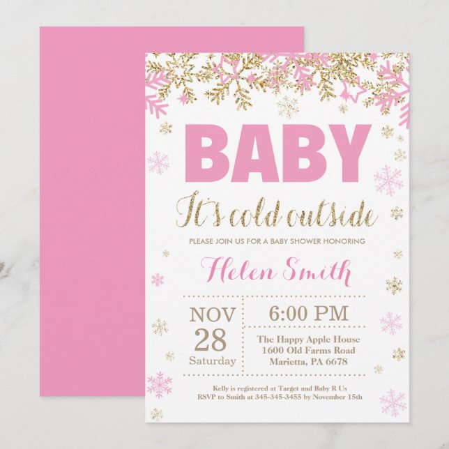 Invitation Bébé son Baby shower d'or rose à l'extérieur (Devant / Derrière)