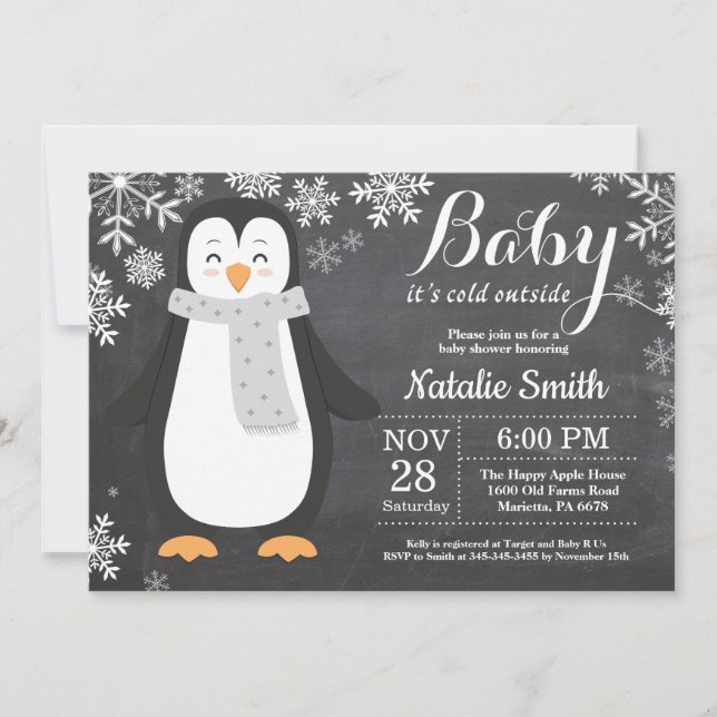 Invitation Bébé son baby shower extérieur froid de pingouin (Devant)