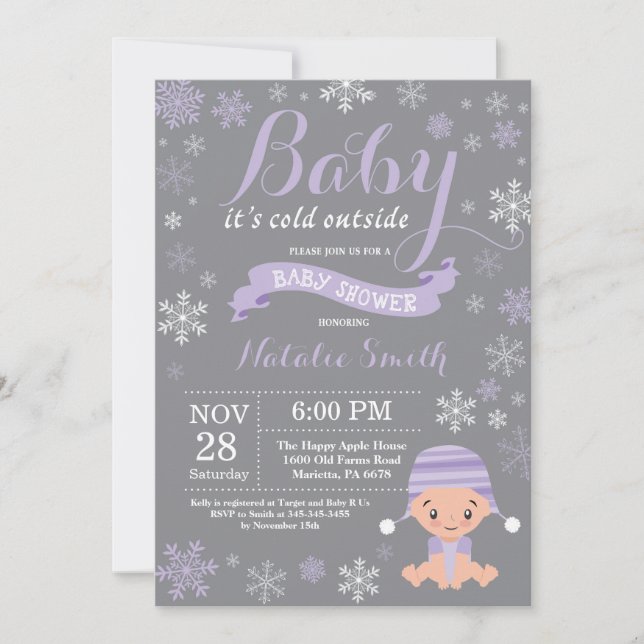Invitation Bébé son baby shower extérieur froid de pourpre (Devant)
