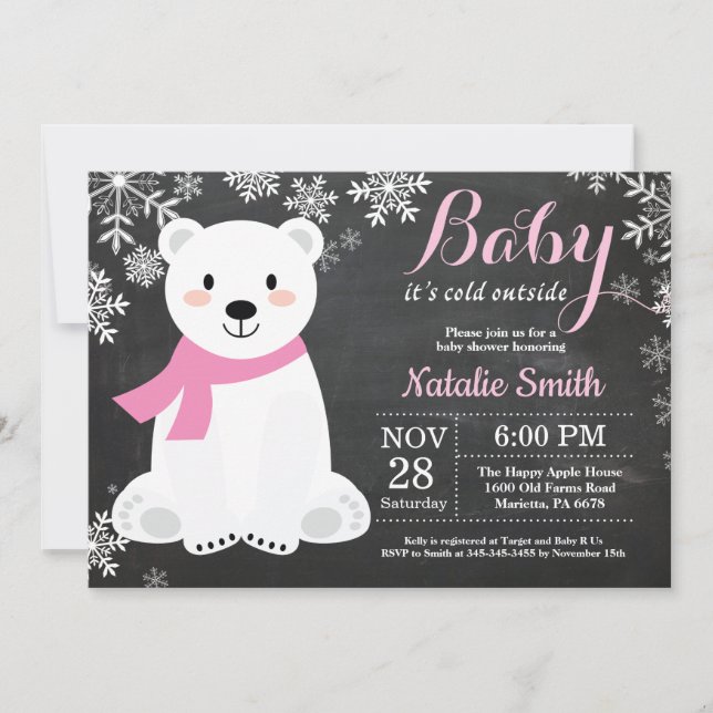 Invitation Bébé son baby shower froid de fille d'ours blanc (Devant)