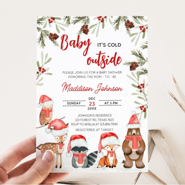 Invitation Bébé son froid à l'extérieur du Baby shower boisé  (Winter Woodland Animals Baby Shower Invitation)
