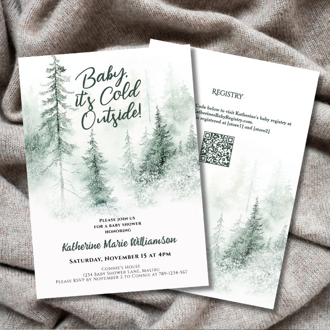 Invitation Bébé son froid à l'extérieur du Baby shower de la  (Baby It's Cold Outside Winter Forest Baby Shower Invitation with Watercolor Green Forest, QR Code.)