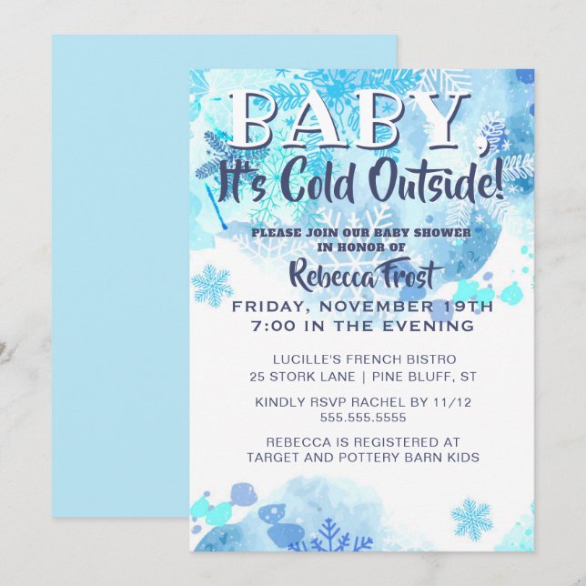 Invitation Bébé Son Froid À L'Extérieur Snowflakes Douche Ble (Devant / Derrière)
