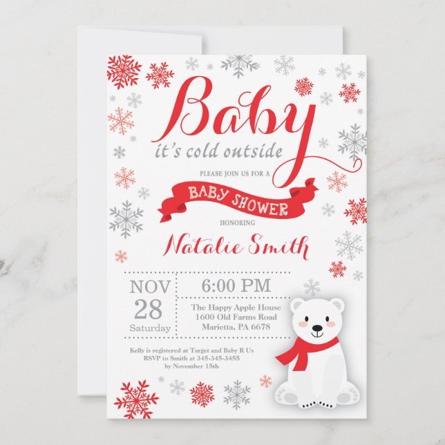 Invitation Bébé son froid dehors Baby shower d'hiver rouge (Devant)