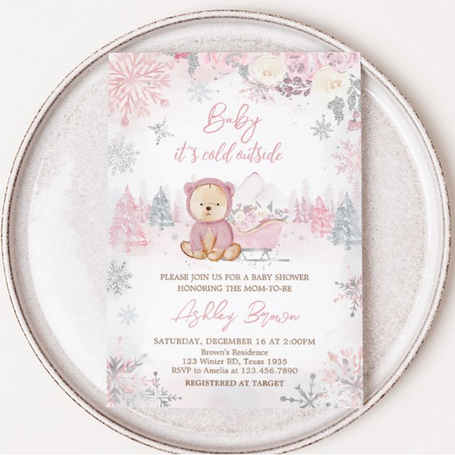 Invitation Bébé son froid dehors Baby shower d'ours fille (Pink Winter Bear Baby Shower Invitation)