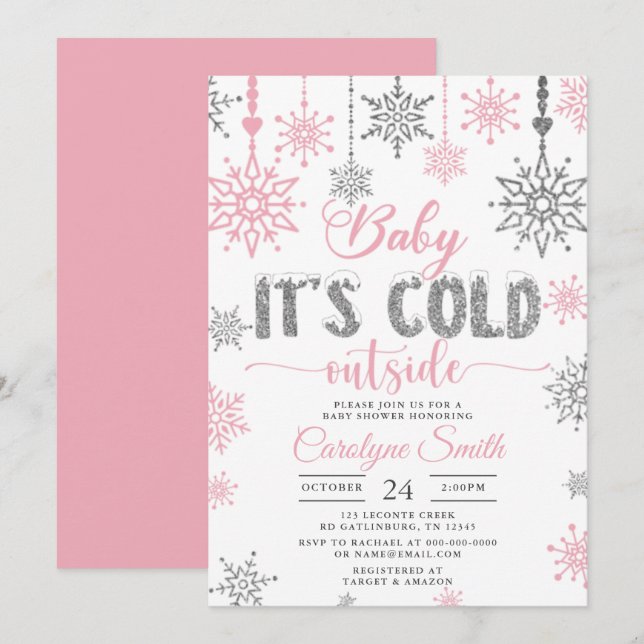 Invitation Bébé son froid dehors Baby shower fille rose (Devant / Derrière)
