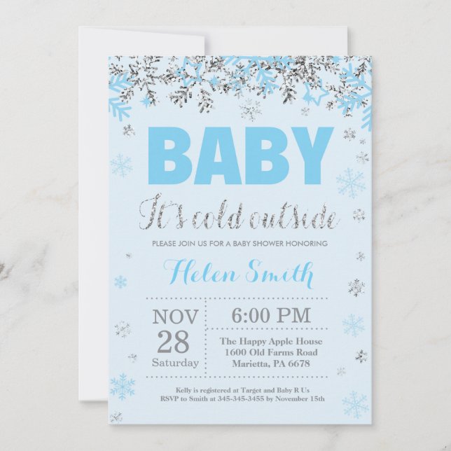 Invitation Bébé son froid dehors Blue Silver Boy Baby shower (Devant)