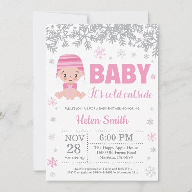 Invitation Bébé son froid dehors Hiver Baby shower fille rose (Devant)