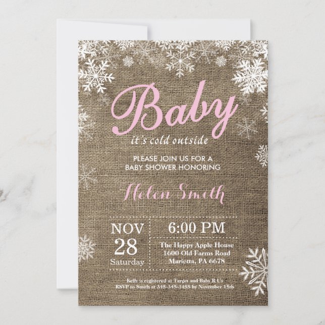 Invitation Bébé son froid dehors Hiver Baby shower fille rose (Devant)