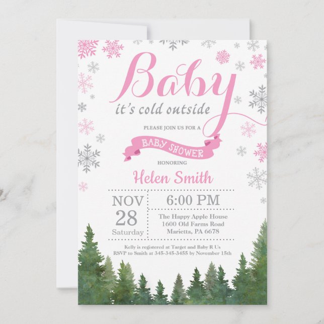 Invitation Bébé son froid dehors Hiver Baby shower fille rose (Devant)