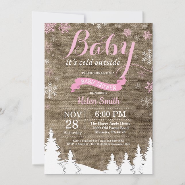 Invitation Bébé son froid dehors Hiver Baby shower fille rose (Devant)