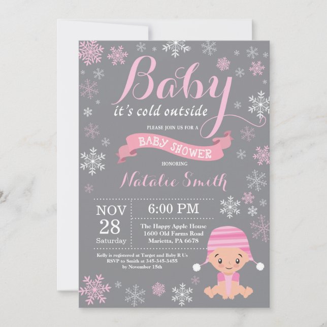 Invitation Bébé son froid dehors hiver fille Baby shower rose (Devant)