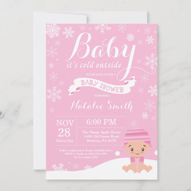 Invitation Bébé son froid dehors hiver fille Baby shower rose (Devant)