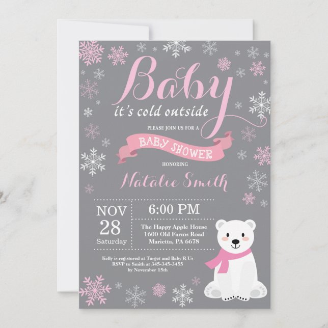 Invitation Bébé son froid dehors hiver fille Baby shower rose (Devant)