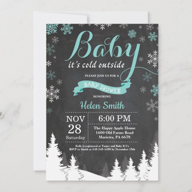 Invitation Bébé son froid en dehors du Baby shower Aqua d'hiv (Devant)