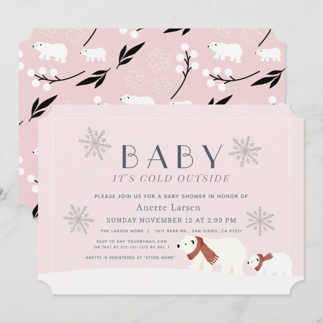 Invitation Bébé Son Froid Hors Ours Polaires Baby shower rose (Devant / Derrière)