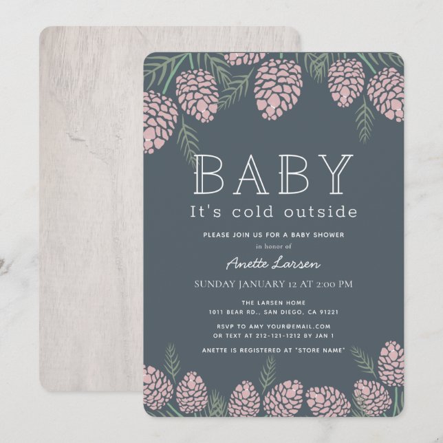 Invitation Bébé Son Pin Rose Froid Baby shower Marine (Devant / Derrière)