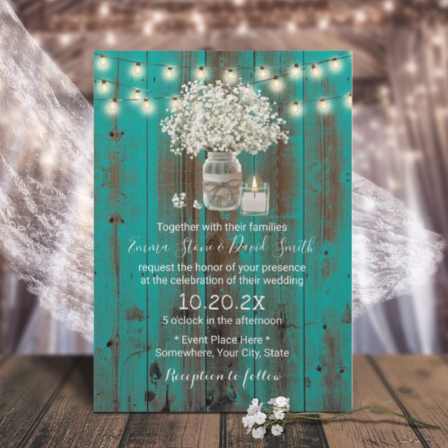 Invitation Bébé souffle floral jarre rustique Turquoise Maria (Créateur téléchargé)