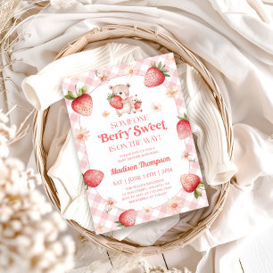 Invitation Bébé Sucré Fête de Naissance Gingham Bébé Fraise