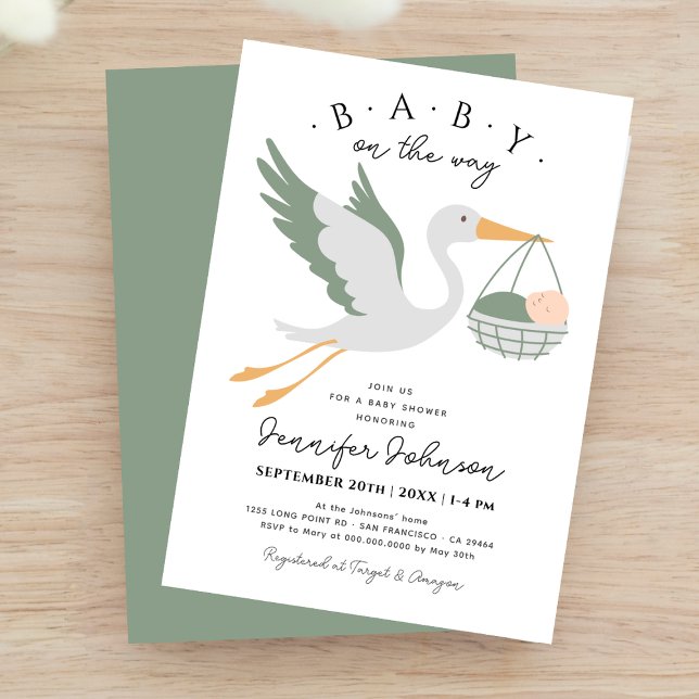 Invitation Bébé sur le chemin mignon cigogne Sage Baby shower (Créateur téléchargé)