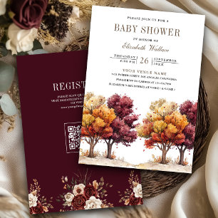 Invitation Bébé sur le thème de l'automne Bourgogne Code QR B