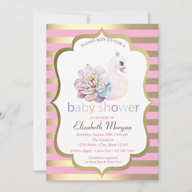 Invitation Bébé Swan Flower Gold Stripe Baby shower (Devant)