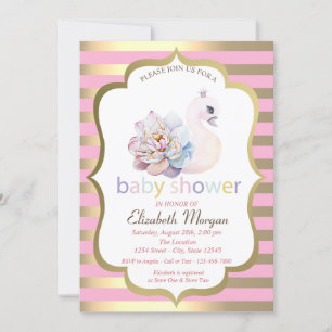Invitation Bébé Swan Flower Gold Stripe Baby shower