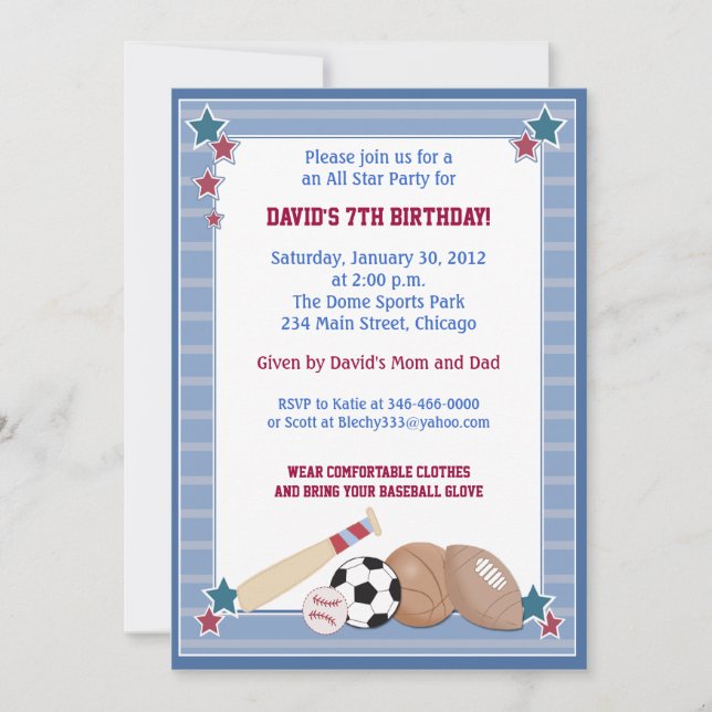 Invitation BÉBÉ TOUTES LES ÉTOILES Sports ANNIVERSAIRE Invita (Devant)