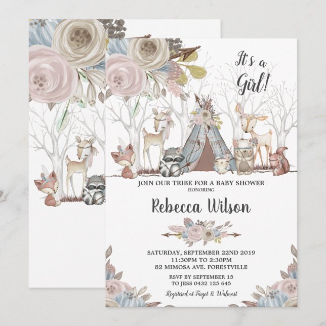 Invitation Bébé tribal de baby shower d'animaux de région (Devant / Derrière)