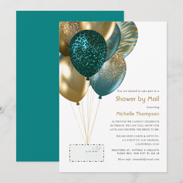Invitation Bébé turquoise et or ou Fête des mariées par courr (Devant / Derrière)
