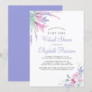 Invitation Bébé virtuel Douche Floral Purple Aquarelle