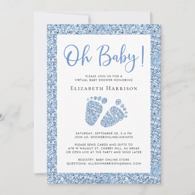 Invitation Bébé virtuel Douche garçon Parties scintillant ble (Devant)
