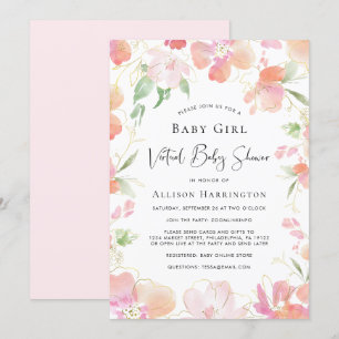 Invitation Bébé virtuel Douche rose Floral Aquarelle
