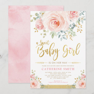 Invitation Bébée douce Fille rousse Pink Gold Floral Baby sho