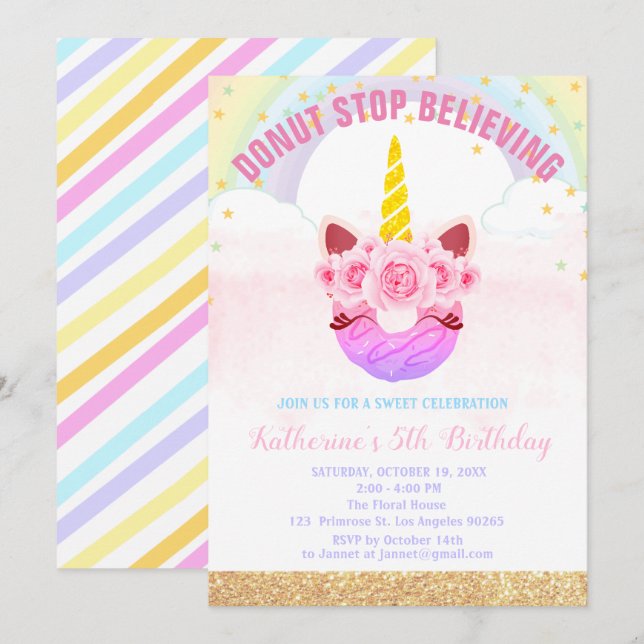 Invitation Bébée fille Unicorn Ne croyez plus à l'anniversair (Devant / Derrière)