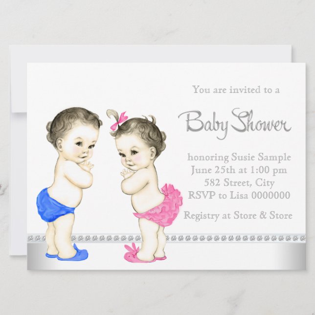 Invitation Bébés adorables Baby shower rose et bleu Twin (Devant)