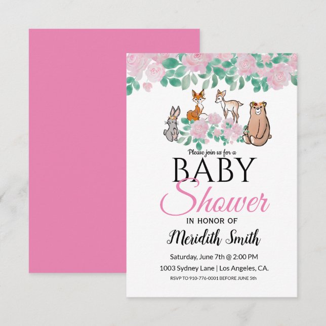 Invitation Bébés animaux en bois floral mou | BABY SHOWER (Devant / Derrière)