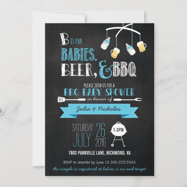 Invitation Bébés bleus, bière et Baby shower barbecue Invitat (Devant)