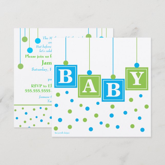 Invitation BÉBÉS Blocs Baby shower Garçon bleu vert - CUSTOM  (Devant / Derrière)