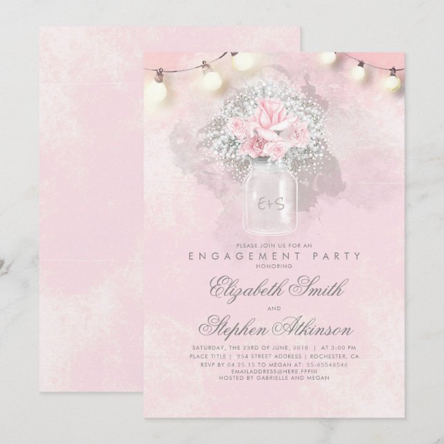 Invitation Bébé's Breath and Pink Roses Party (Devant / Derrière)